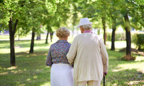 Personas mayores paseando por un parque en verano